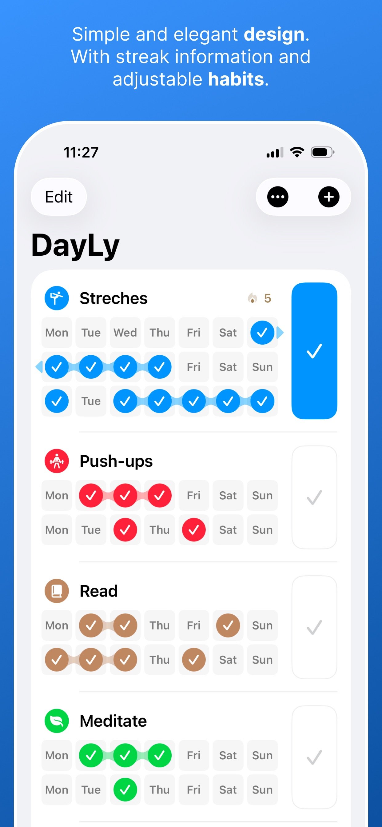 DayLy weekly habit calendar and daily completion buttons