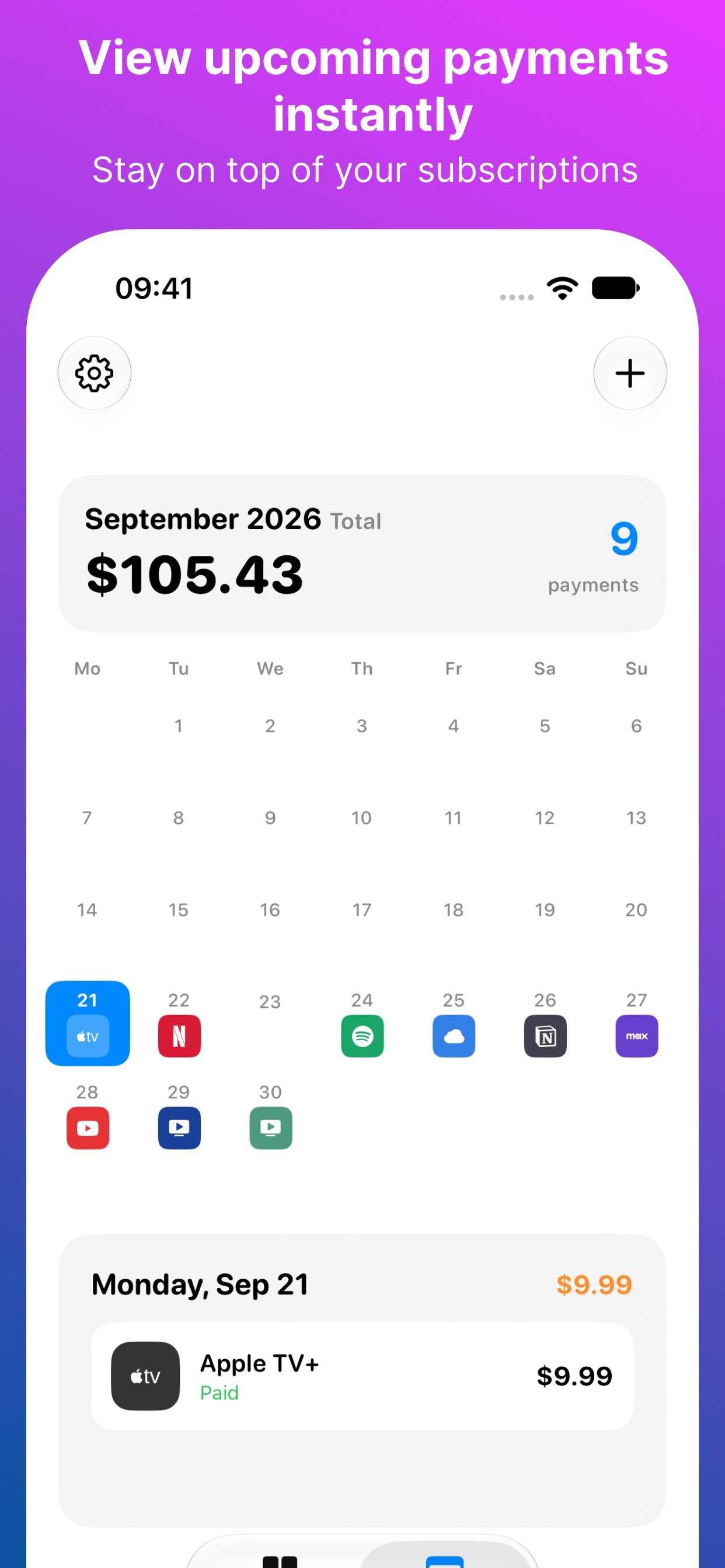 Subs subscription tracking app — payment details